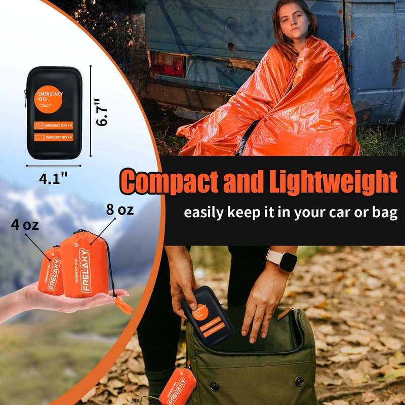 Frelaxy Extra-Thick Survival Tent and Emergency Sleeping Bag, Emergency Shelter Survival Bivy Set with Whistles, Paracord, Storage Pouches, and EVA Case, Perfect for Survival Kits (Orange Set)