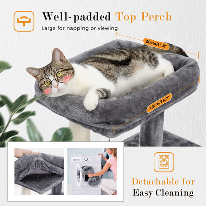 PETEPELA Cat Tree 90cm Cat Tower with Double Condos, Removable Spacious Perch, Fully Wrapped Scratching Posts for Indoor Cats, Replaceable Dangling Balls, 35 Inches Grey