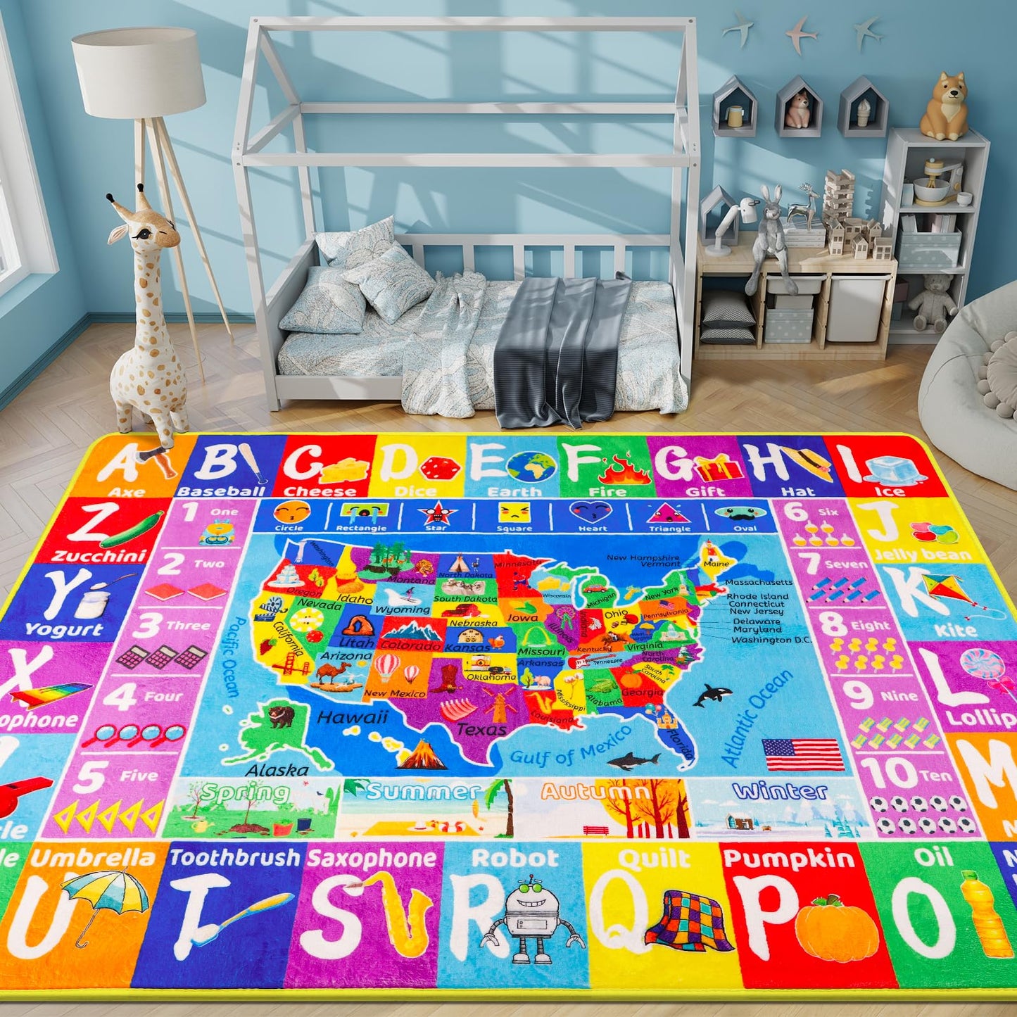 LTKOUGFAM USA Map ABC Kid Rug for Playroom 59"×39.4" Geography Classroom Play Rug Educational Kids Playmat Alphabet Mat State Symbols, ABC Letters, Numbers, Seasons&Shapes Non-Slip Preschool Playmat