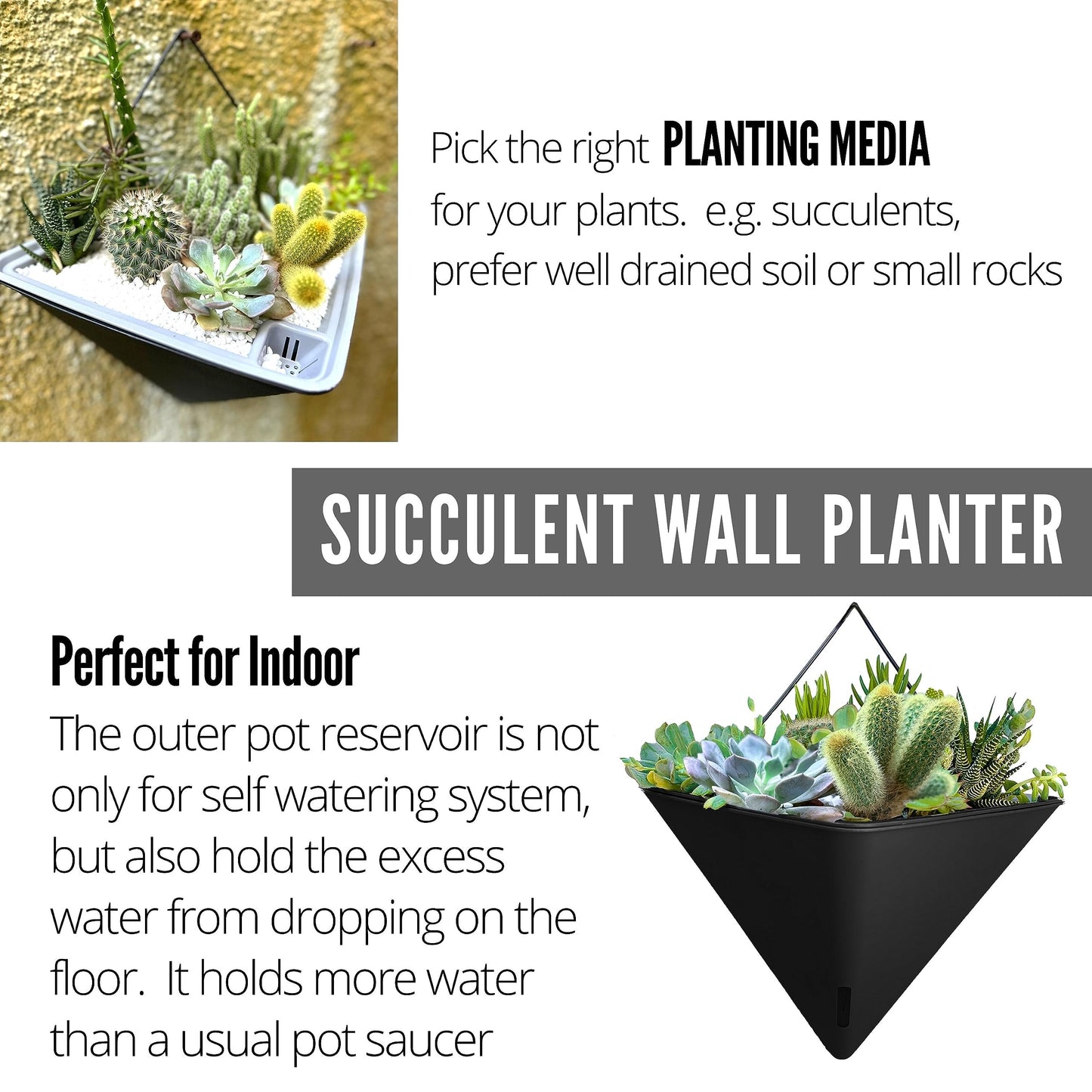 LaLaGreen Bundle - 12" x 2 Pack Black + 12" x 4 Pack White Large Self Watering Geometric Hanging Flower Vase Vessel with Metal Hanger, Modern Stylish Wall Mounted Succulent Pot Holder Decor