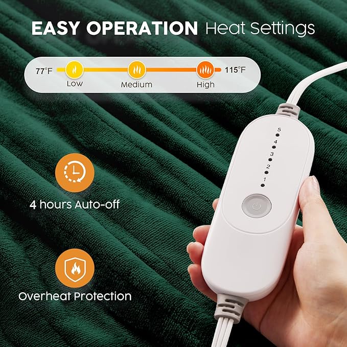 HYLEORY Heated Electric Blanket Twin 62"x84" Soft Fleece & Flannel with 5 Heating Levels & 10 Hours Timer Auto Shutt Off, ETL Certified, Washable，Heated Blanket for Body-Dark Green