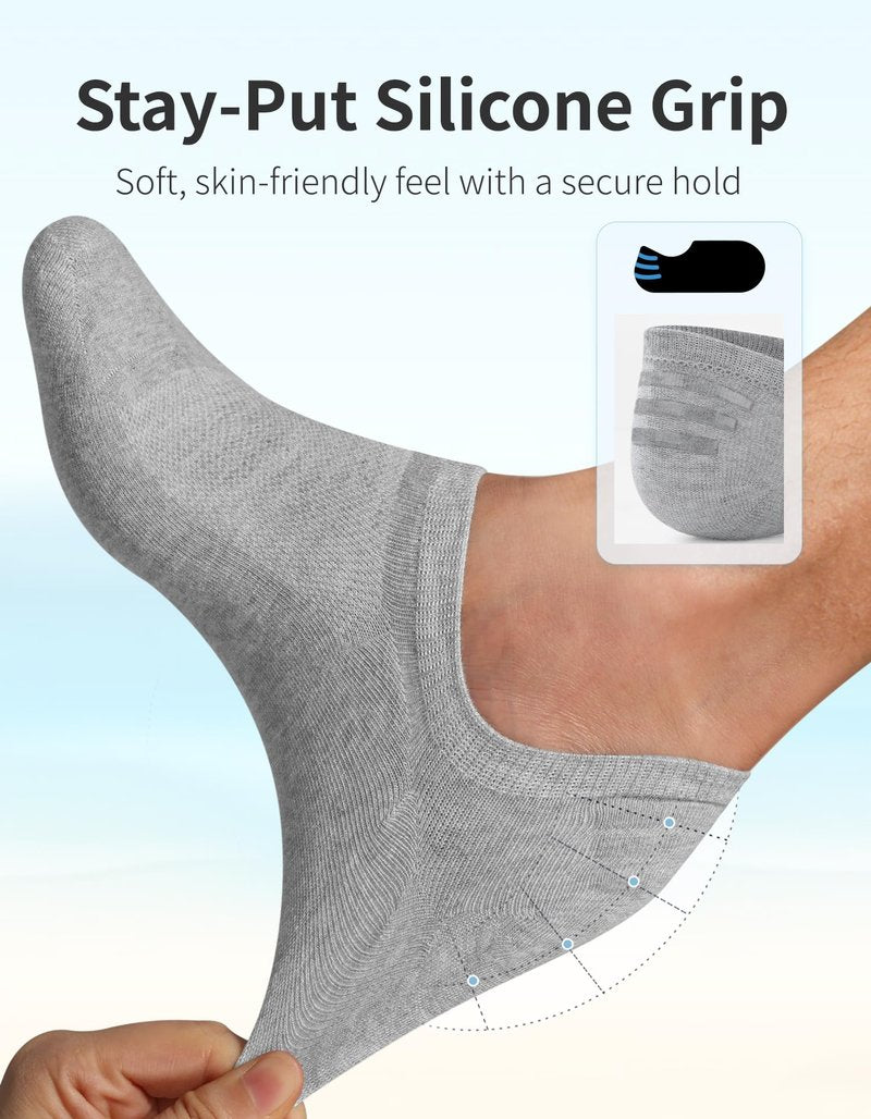 CLOSEMATE Mens No Show Socks Cotton Thin High Elasticity Low Cut Ankle Socks with Non Slip Grips 6 Pairs (6Grey, Size XL)