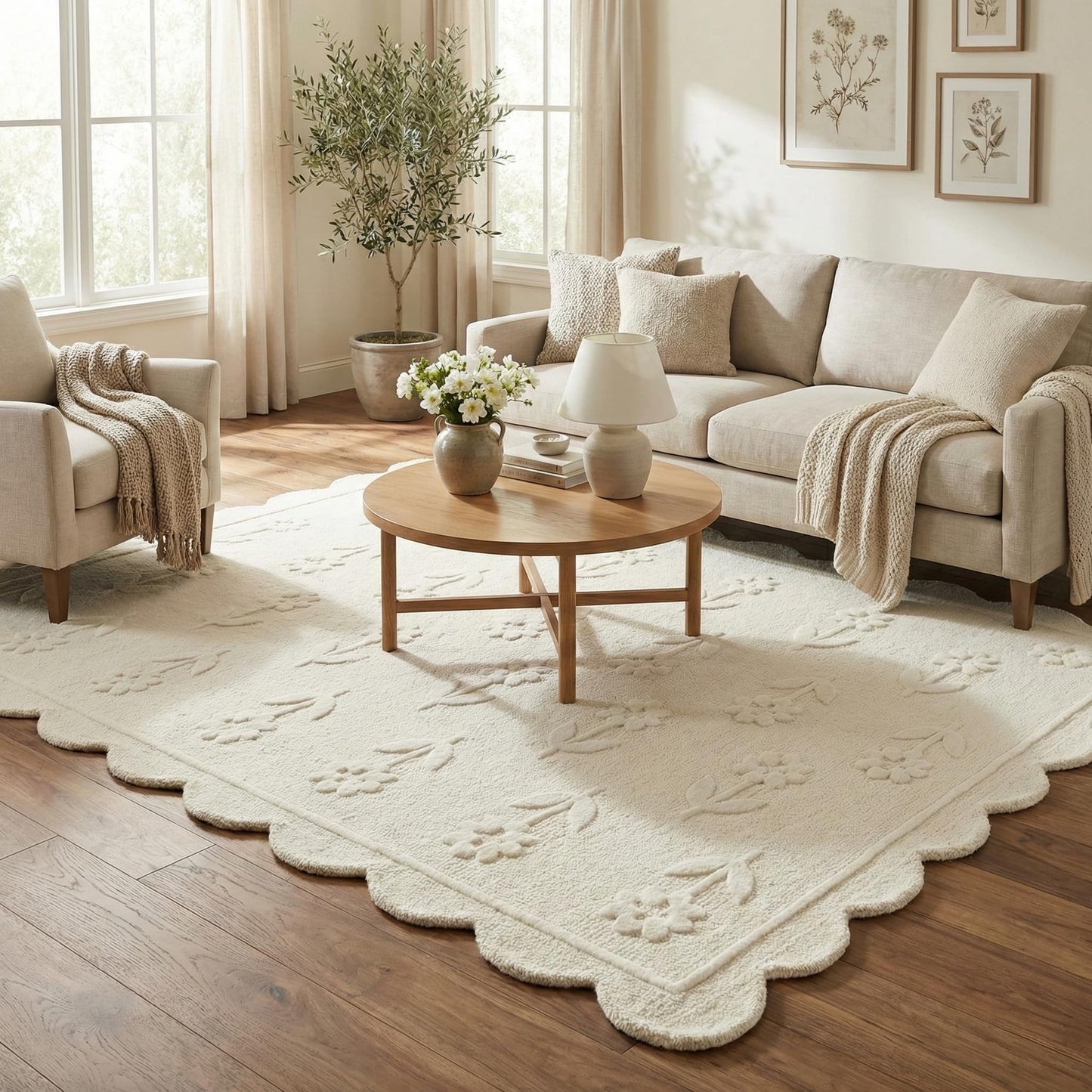 RUGWYN Jessa Scallop Floral Rug – Handmade Wool Area Rug with Non-Slip Cotton Backing – Soft and Durable – Ideal for Living Room, Bedroom, and Home Décor – Anti-Skid Design (Beige, 4' x 6')