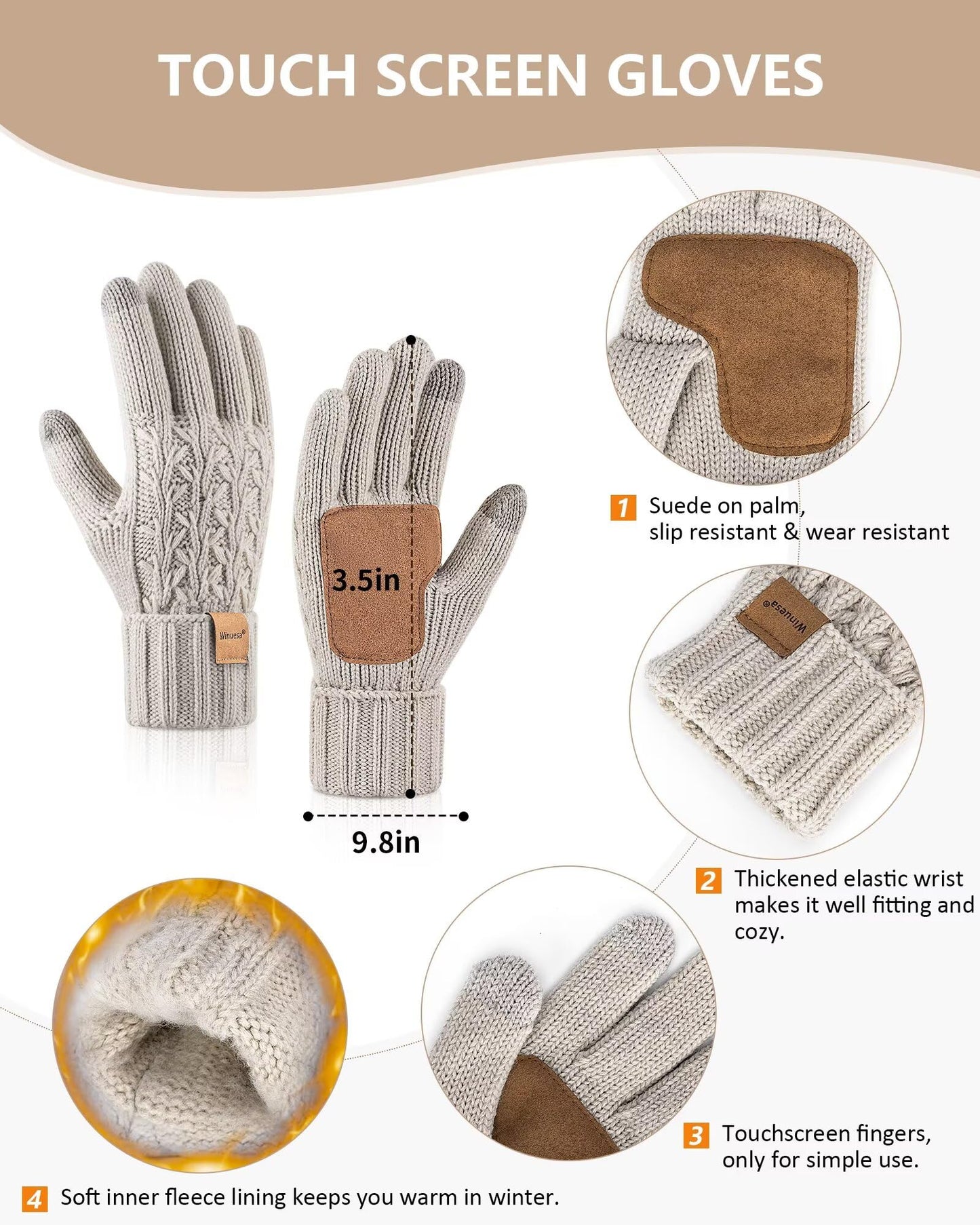 Womens Beanie Hat Scarf Gloves Set, Soft Fleece Lined Winter Hat with Pom Pom, Long Knit Scarf Neck Warmer Touchscreen Gloves for Cold Weather, 3 in 1 Warm Set Stocking Stuffers for Women(Oatmeal)