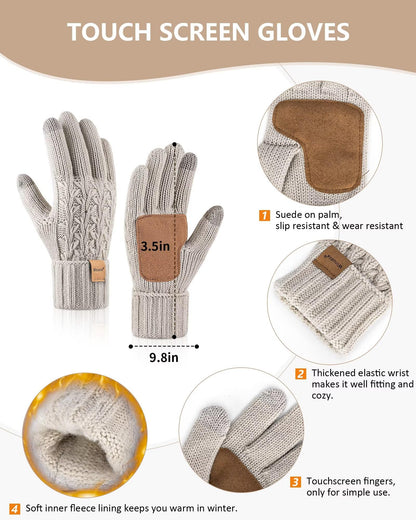 Womens Beanie Hat Scarf Gloves Set, Soft Fleece Lined Winter Hat with Pom Pom, Long Knit Scarf Neck Warmer Touchscreen Gloves for Cold Weather, 3 in 1 Warm Set Stocking Stuffers for Women(Oatmeal)
