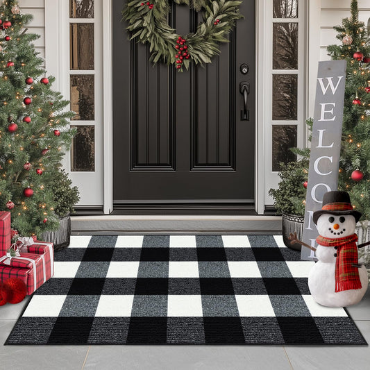 FONEYI Buffalo Plaid Outdoor Rug, 24"x36" Checkered Front Door Mat, Non Slip Absorbent Entryway Rug Doormat Indoor, Washable Outdoor Rugs for Layered Door Mats Front Porch/Farmhouse Black and White