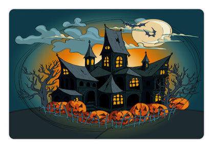 Lunarable Halloween Pet Mat for Food and Water, Medieval Haunted Castle with Garden Pumpkins Dark Clouds Scary Nights Print, Rectangle Non-Slip Rubber Mat for Dogs and Cats, Orange Teal
