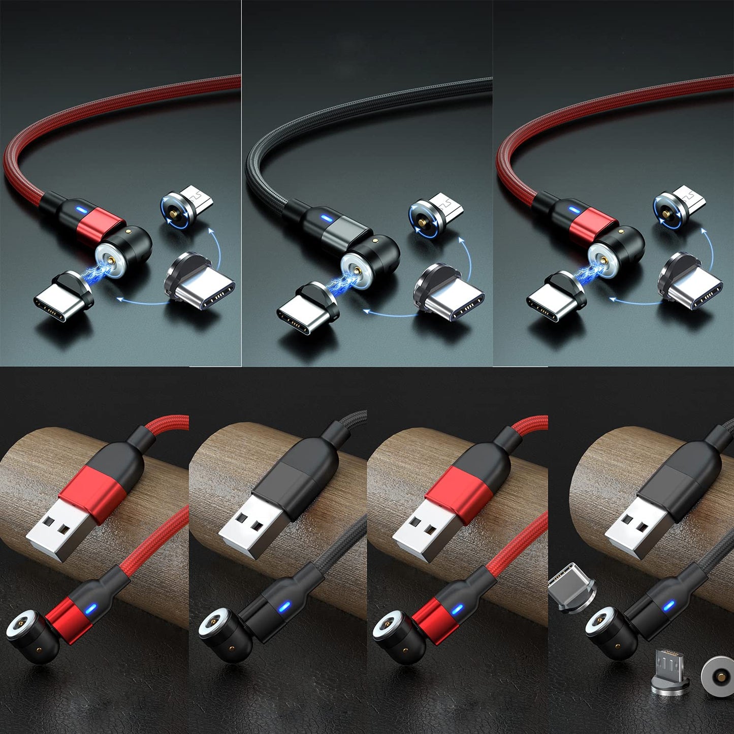 Bojianxin 540 Rotation Magnetic Charging Cable (7-Pack, 1.6ft/3.3ft/3.3ft/6.6ft/6.6ft/10ft/10ft) - 3 in 1 Magnetic Phone Charger Compatible with Micro USB, Type C etc