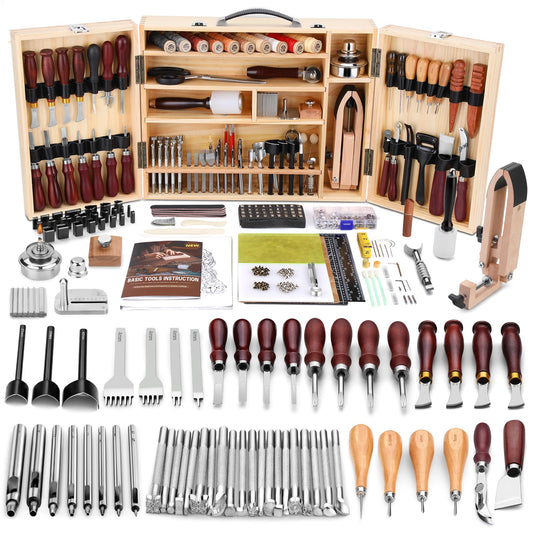 BUTUZE Leather Working Kit, Boxed Leather Tooling Kit, Leather Crafting Tool Kit, Cutting, Punching, Carving, Heavy Duty Leather Sewing Kit Professional Leather Working Tools and Supplies