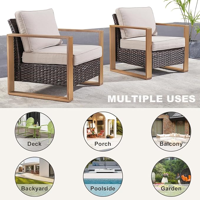 Rilyson Outdoor Wicker Patio Furniture Set - 5 Piece Patio Conversation Set with 2 Wicker Armrest Chairs,2 Rattan Ottoman, 1 Side Table, Sturdy Frame, Thick Cushions, Deep Seating(Brown/Beige)