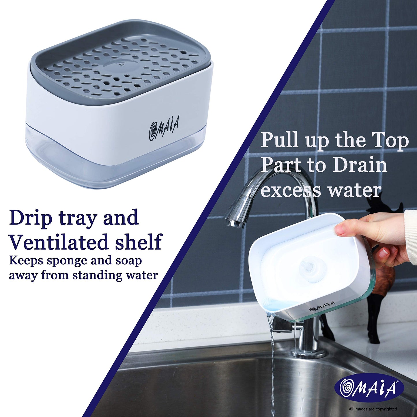 OMAIA 2-in-1 Dish Soap Dispenser with Sponge Holder - Smart Kitchen Gadget - Sink Countertop Organizer