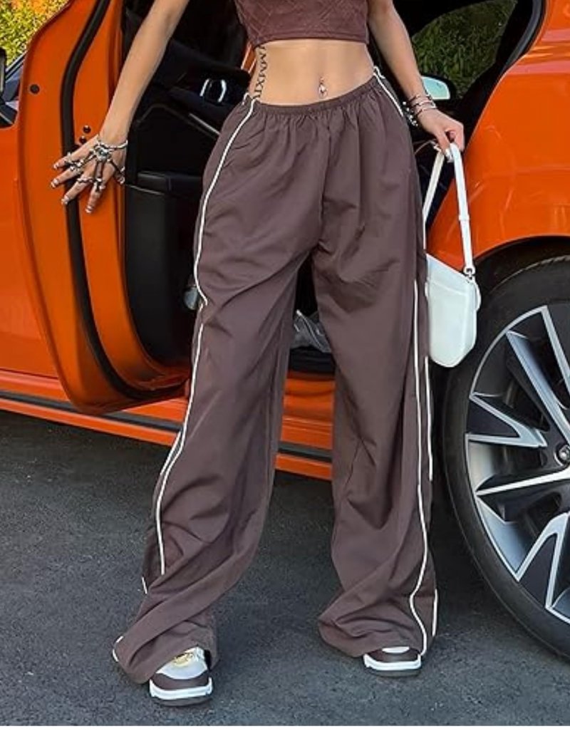 Shebote Womens Parachute Pants Wide Leg Baggy Y2K Elastic Waist Jogger Sweatpants Track Pants Streetwear(0046-Coffee-M)