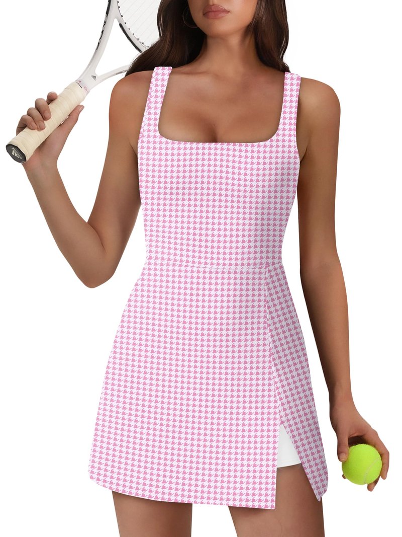 OFEEFAN Womens Athletic Dress Tennis Golf Bodycon Workout Active Skort Summer Clothes Casual Graduation Concert Date Spring Outfits Pink Houndstooth XL