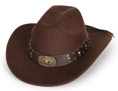 Womens Western Cowboy Hats Studded Pinched Western Cowgirl Hats Wide Brim Fedoras Hat with Belt Buckle (Size:Medium) Brown