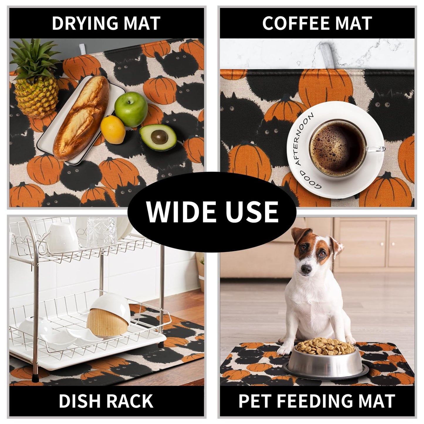 Happy Halloween Dish Drying Mat for Kitchen Counter 18x24 Inch Cute Pumpkin Black Cat Trick or Treat Drying Mats Large Microfiber Absorbent Dish Rack Pad for Coffee Bar Sinks Home Accessories