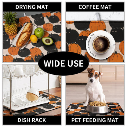 Happy Halloween Dish Drying Mat for Kitchen Counter 18x24 Inch Cute Pumpkin Black Cat Trick or Treat Drying Mats Large Microfiber Absorbent Dish Rack Pad for Coffee Bar Sinks Home Accessories