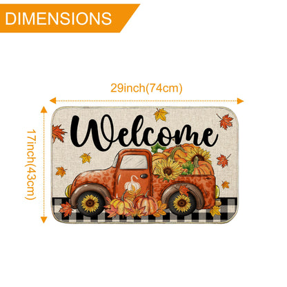 Fall Door Mat, Welcome Fall Outdoor Mat for Front Door, Autumn Pumpkins with Truck Black and White Buffalo Plaid Seasonal Non Slip Doormat for Entrance Entryway Outside, 17x29 Inches