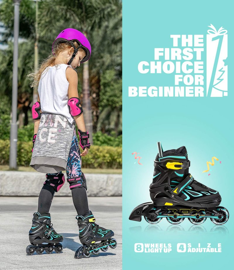 2PM SPORTS Vinal Girls and Boys Adjustable Flashing Inline Skates, All Wheels Light Up, Fun Illuminating for Kids and Women- Cyan M