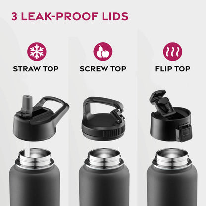 FineDine 25 Oz Insulated Water Bottle with Straw - Triple Walled Stainless Steel Metal Bottle W/ 3 Leak Proof Lids - For Travel, School, Sports, Gym/Men, Women & Kids - Inky Raven Black