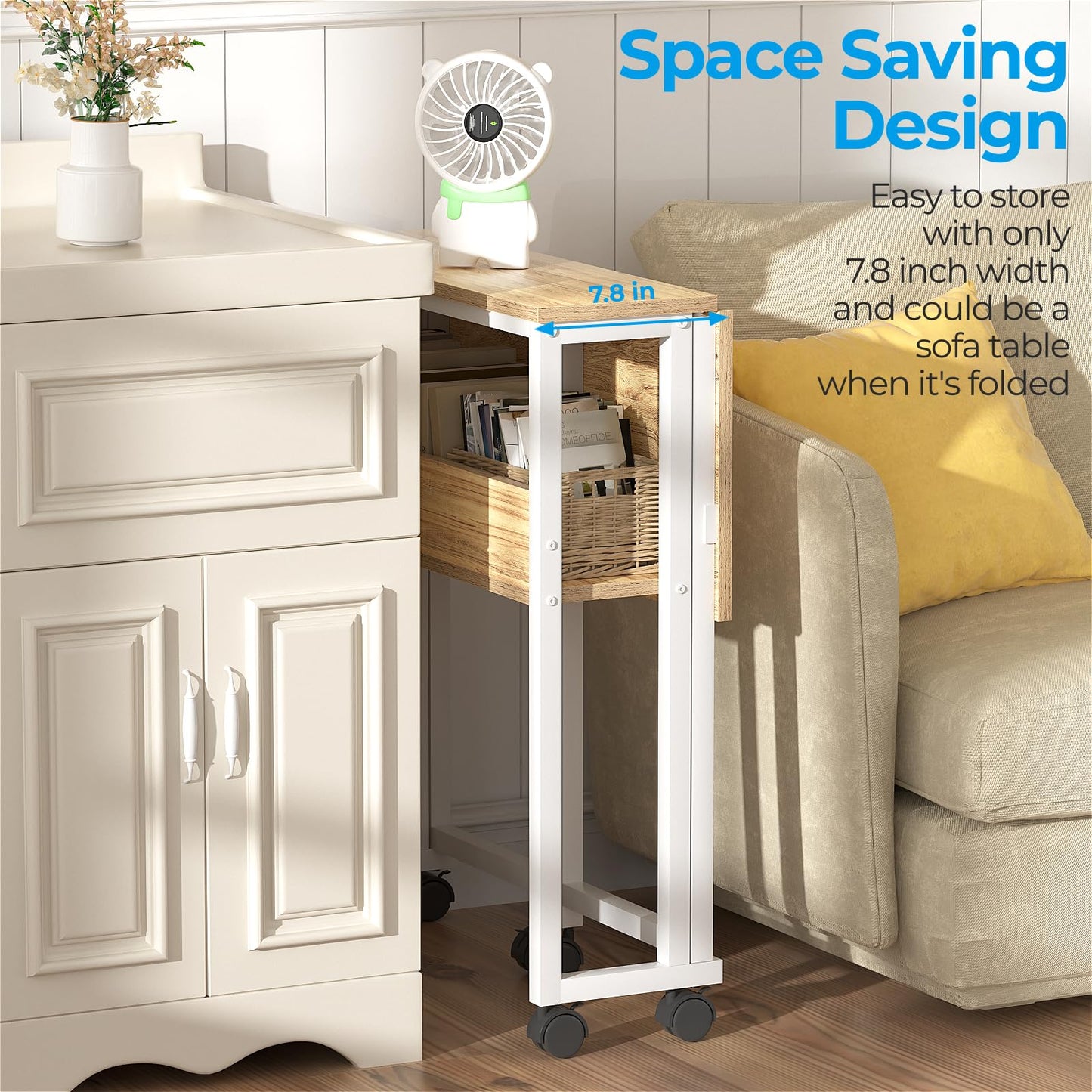 GreenForest Folding Desk Small Rolling Desk with Storage Shelf,24.8 inch Foldable Computer Desk with Wheels for Small Space,Easy Assembly,Oak