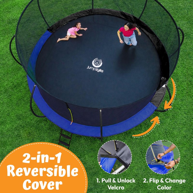 JUMPZYLLA Trampoline Outdoor 8FT 10FT 12FT 14FT 15FT 16FT with Enclosure and Ladder, ASTM Approved Recreational Trampoline for Kids and Adults, Anti-Rust Coated Frame (Blue, 15FT)