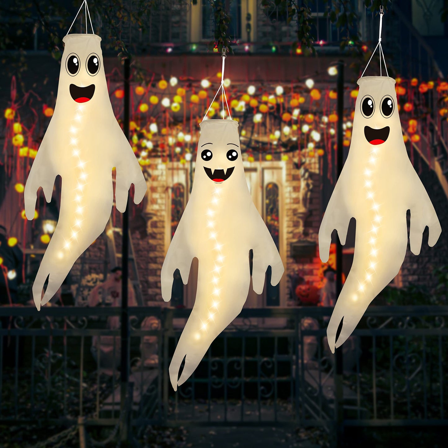 3PCS 43 Inch Halloween Ghost Windsocks Hanging Decorations - Flag Wind Socks for Home Yard Outdoor Decor Party Supplies (Batteries Not Included,No Timer)
