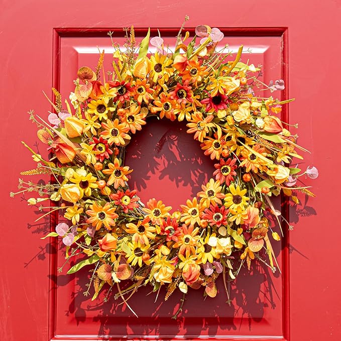 JINGHONG Fall Wreaths for Front Door 22 Inch Artificial Fall Wreath Floral Autumn Wreath with Colorful Daisies Orange Foliage for Indoor Outside Door Harvest Festival Thanksgiving Day Celebration
