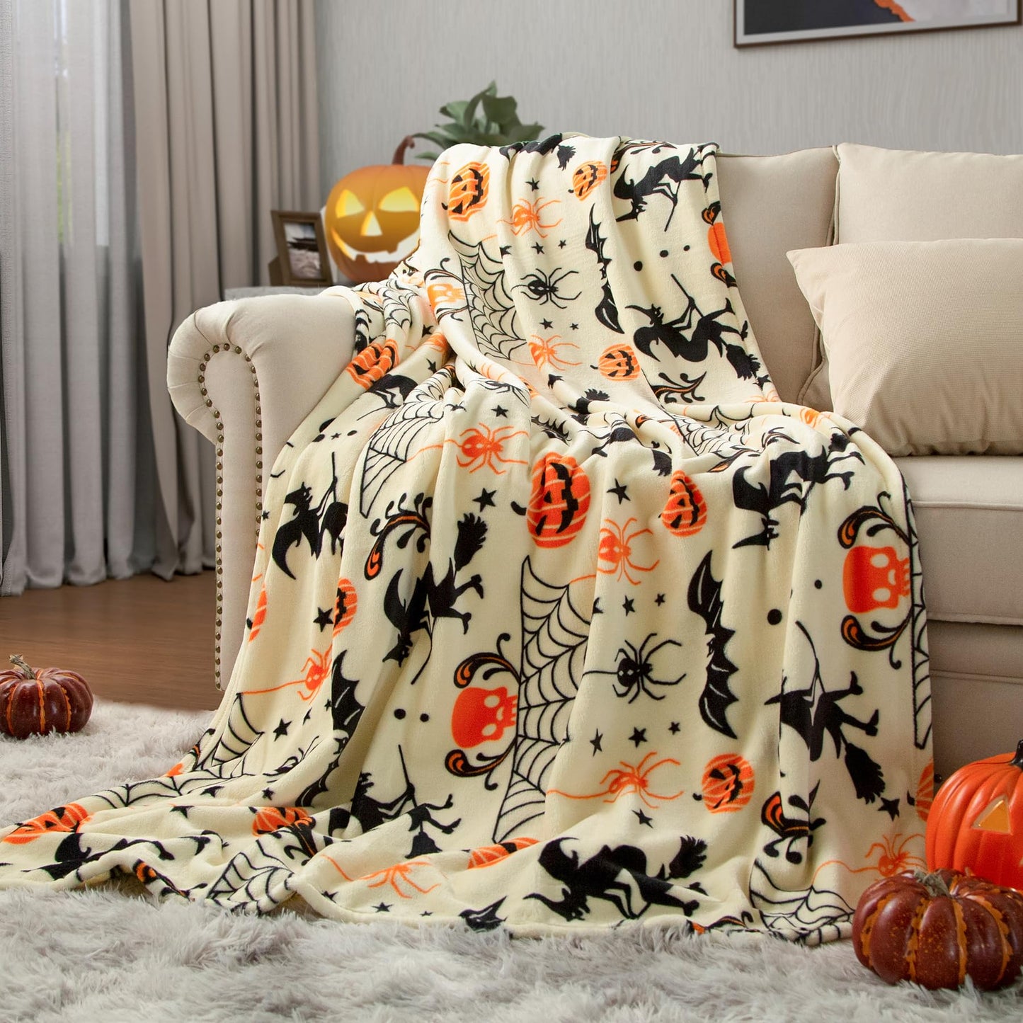 Pumpkin Halloween Blanket 50” x 70” Reversible Witch's Hat Spider Webs Print Fleece Throw Blanket, 320 GSM Surper Soft Warm Cozy Blanket for Couch Sofa, Halloween Harvest Gifts and Orange Home Decor