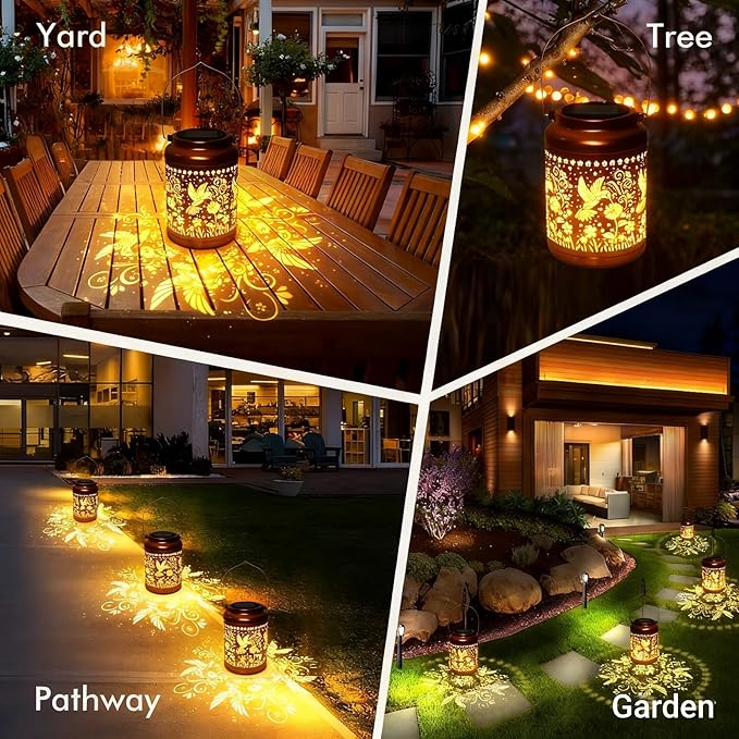 2 Pack Solar Lanterns Outdoor Garden Decor- Solar Lights Waterproof Hummingbird Decorative Gifts for Women Mom Grandma Hanging Metal Lights Gardening Gift for Outside for Yard, Patio, Backyard, Farm