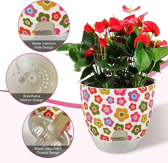 Print Flowerpots Round Plant Pots - 2 Pack Outdoor Garden Planter Plastic Indoor Modern Decorative Succulent Houseplant Pot with Drainage 5FP-COLFLW