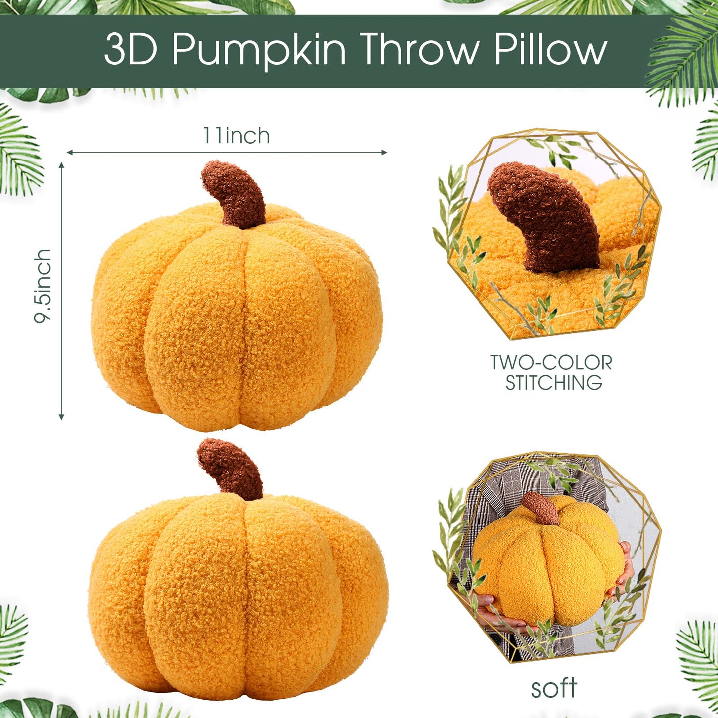 Queekay 2 Pcs Simulated Pumpkin Pillow Plush 3D Cushion Fall Halloween Decoration Pumpkin Stuffed Throw Pillow for Autumn Thanksgiving Christmas Home Sofa(Ginger,11 x 9.5 inch)