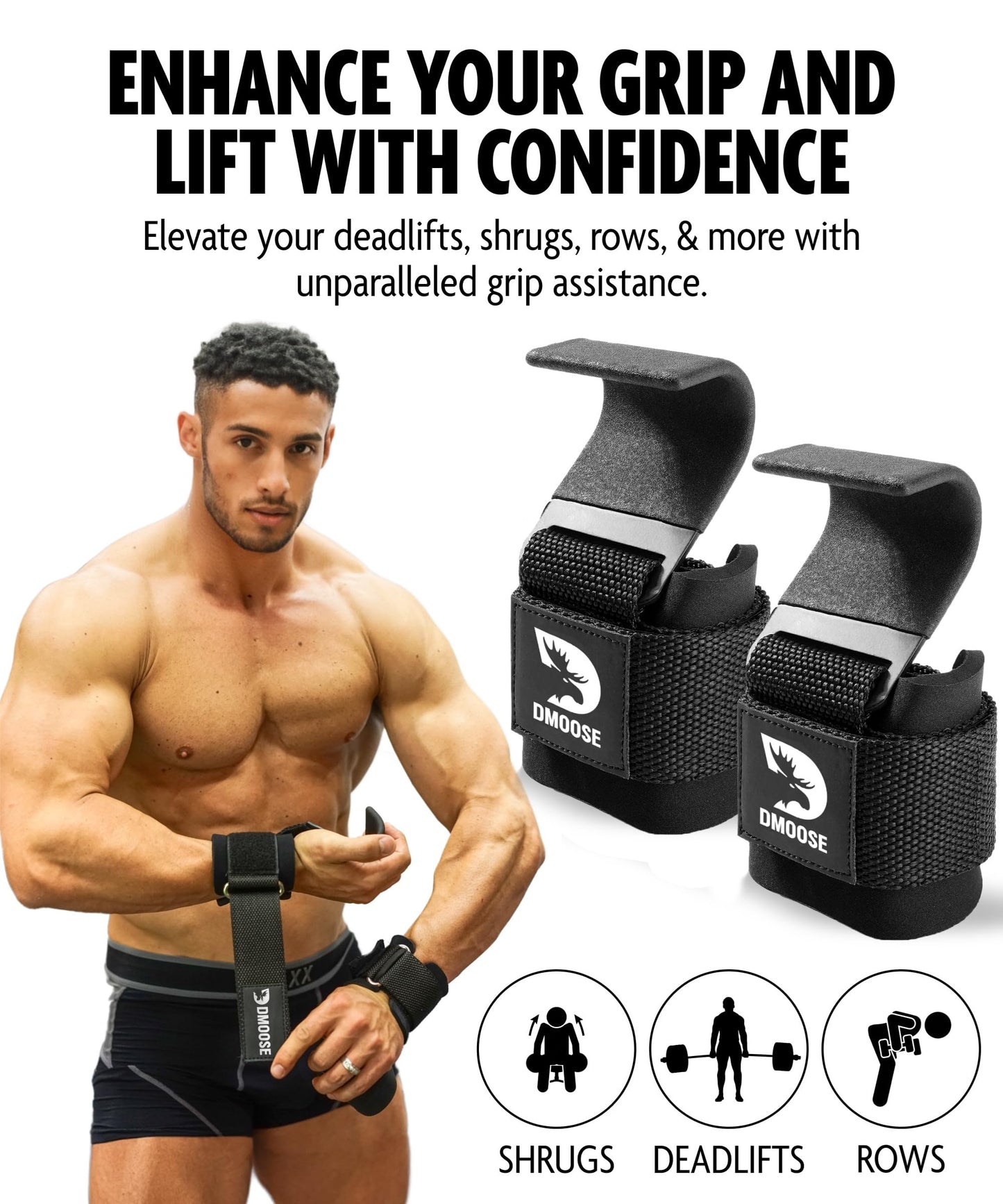 DMoose Fitness Weight Lifting Hooks (Pair) for Deadlifts, Pull Ups & Shrugs - 500 Lbs Capacity, Thick Wrist Padding - Heavy Duty Gym Workout Grips Straps for Men and Women