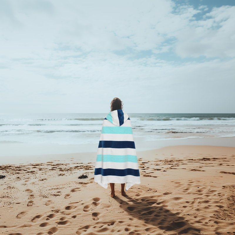 COTTON CRAFT Hooded Beach Towel - Oversized XXL 35x84 Towel with Hood for Adults - The Big Kahuna 7 Foot Beach Blanket Towel - Big & Tall Soft 100% Cotton Velour - Pool Bath Wrap - Cabana Stripe Blue