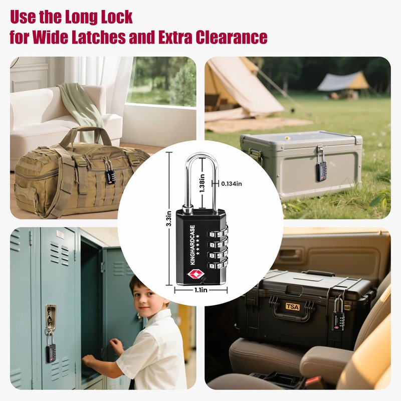 Kinghardcase 2 Pack TSA Locks for Luggage, 4-Digit Combination Travel Locks for Gun Cases, Toolboxes, Ammo Cases, Bags, Suitcases, Backpacks, Resettable Zinc Alloy Lock with Hook