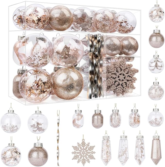 SHareconn 52pcs Christmas Balls Ornaments Set, Shatterproof Plastic Clear Decorative Baubles for Xmas Tree Decor Holiday Wedding Party Decoration with Hooks Included, Champagne