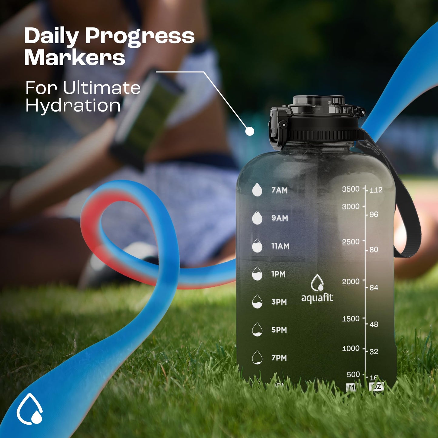 AQUAFIT 1 Gallon Water Bottle with Time Marker - Straw & Chug Lid - BPA Free Gym Water Bottle with Straw - Big Gallon Jug (Gray, 128 oz - 2in1 Lid)