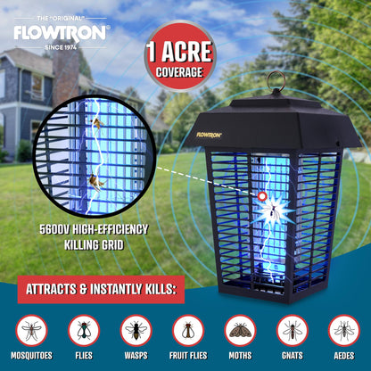 Flowtron Bug Zapper, 1 Acre of Outdoor Coverage with Powerful 40W Bulb & 5600V Instant Killing Grid, Electric Insect, Fly & Mosquito Zapper, Made in The USA