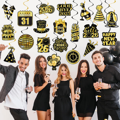 40Pcs Happy New Year Decorations Hanging Swirls, Black and Gold Happy New Year Hanging Swirls Ceiling Decor for New Year's Eve Party Decorations Supplies 2026