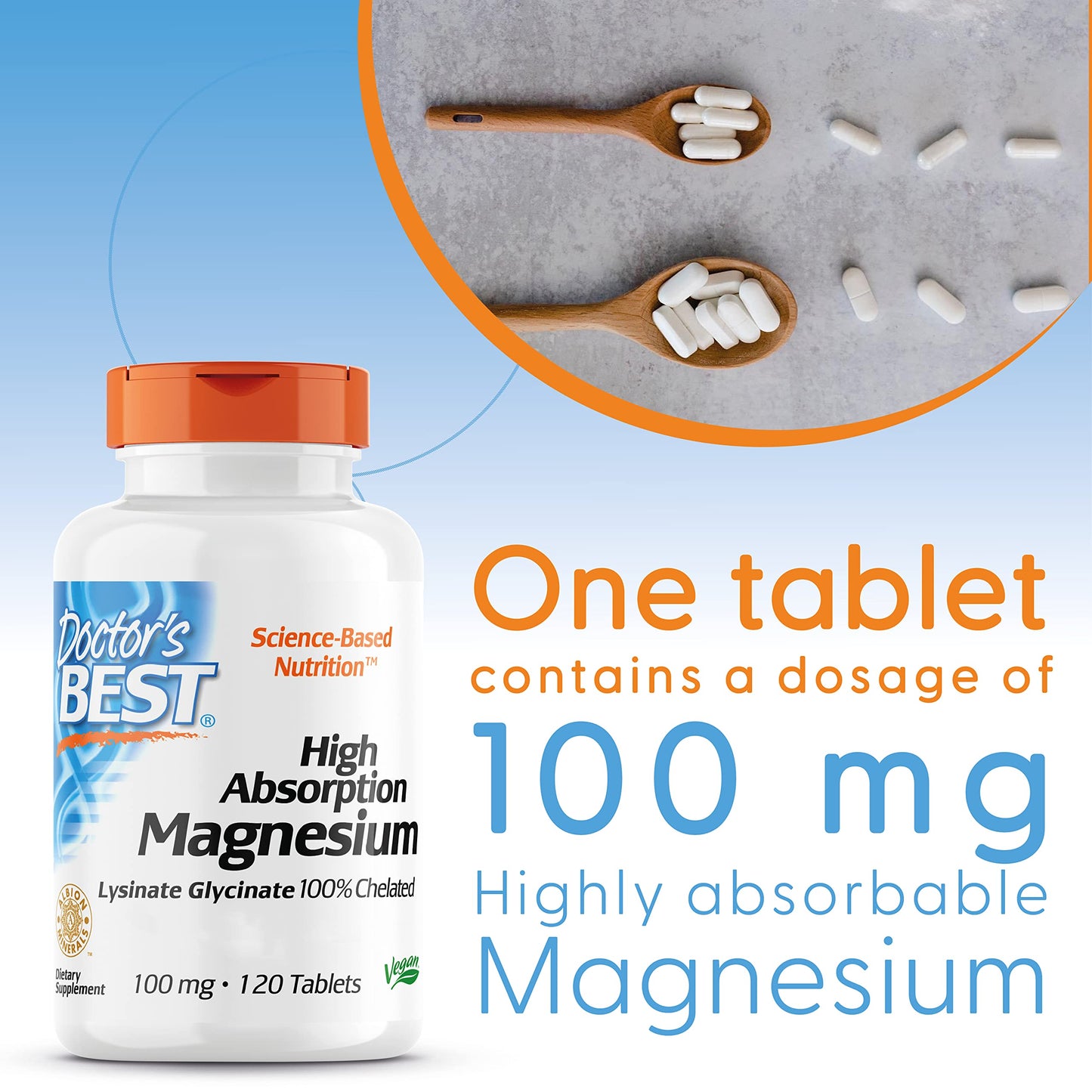 Doctor's Best, High Absorption Magnesium, 100% chelated with TRAACS, with Glycine and Lysine, 120 Vegan Tablets, SOYA-Free, Gluten-Free, Non-GMO