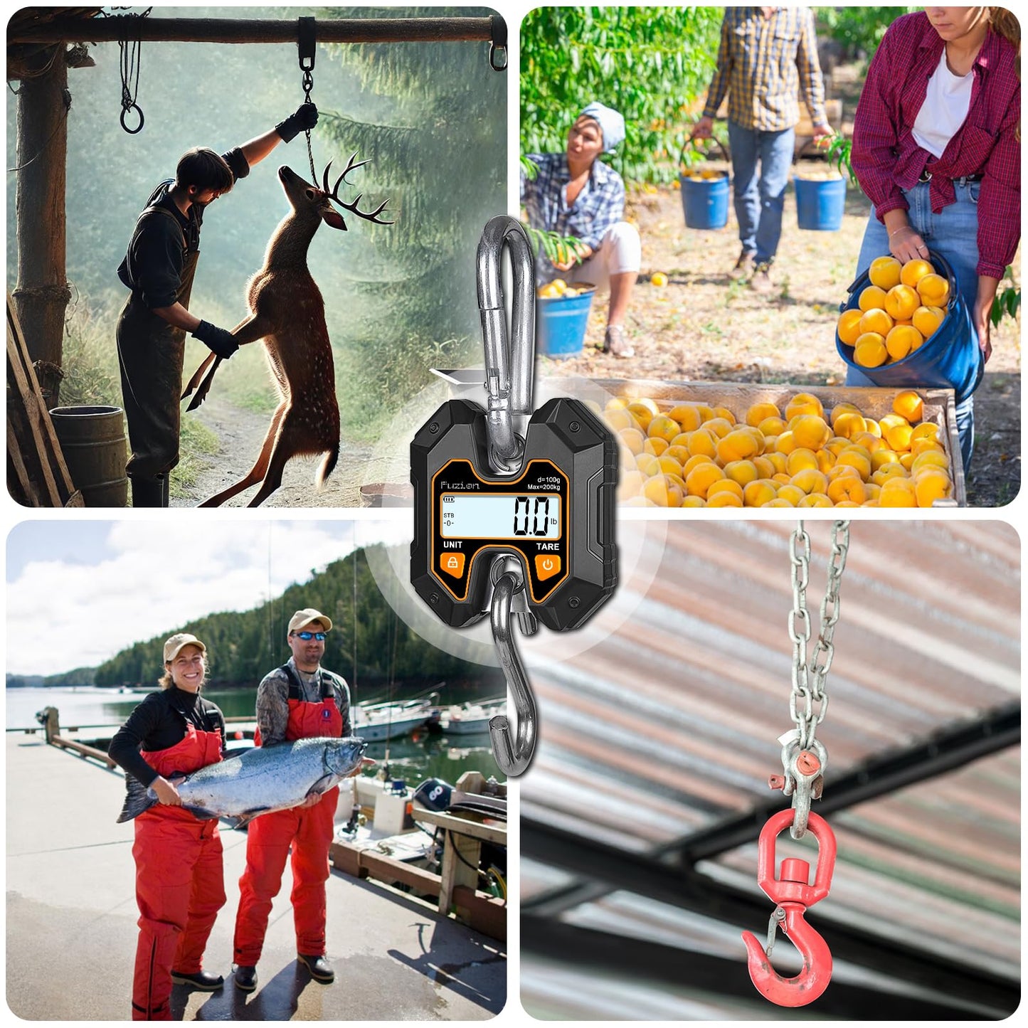Fuzion Mini Crane Scale - Hanging Scale 440lb/200kg/1960N, Deer Scale with Large LCD Display, Hold & Tare Functions for Hunting, Farms, Fishing, No Setup Required