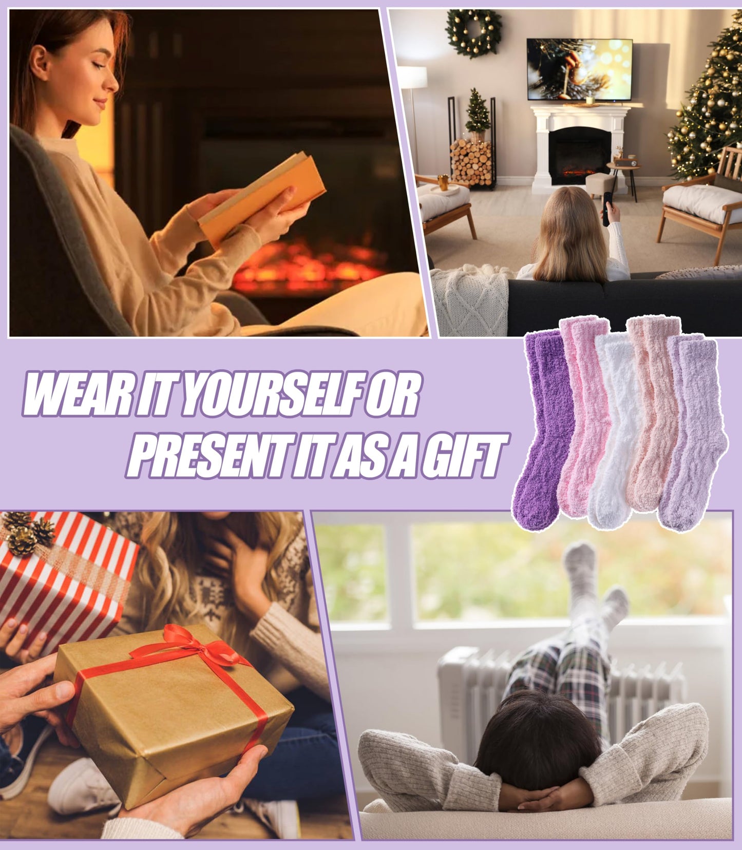 NOCIN COLOR Womens Fuzzy Socks Cozy Fluffy Slipper Soft Winter Warm Home Sleeping Christmas Socks（5 Pairs Solid Color D）