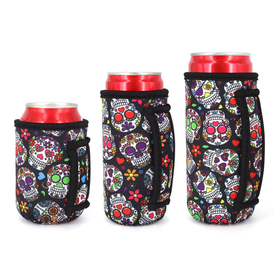 3 Pack Reusable Neoprene Insulated Can Sleeve with Handle for Soda, Energy drink, Pop, Beer, Hard Seltzer, Can Coosies For 12oz & 16oz Can, 12oz Slim can (Floral Sugar Skull(3Pack))