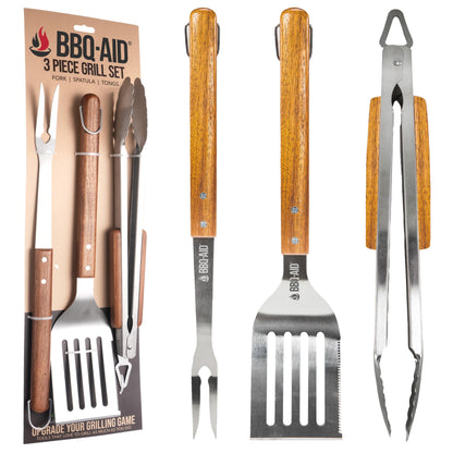 3 Piece BBQ Grilling Accessories Set - BBQ Tongs Spatula Fork Set - Heavy Duty Stainless Steel Barbecue Grill Tools with Solid Hard Wood Handles Great Gift Set
