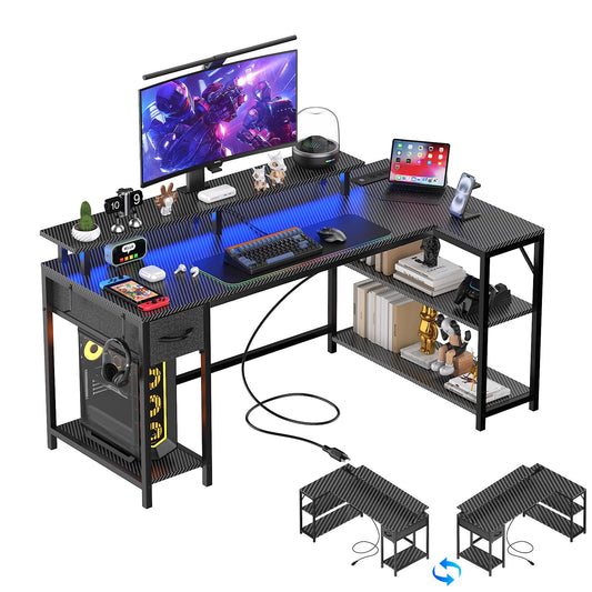 Eivanet 47 inch Gaming Desk with USB Charging Ports and LED Light, Reversible L Shaped Desk, L Shaped Desk with Hook & Monitor Stand, Computer Desk with Drawer and Shelves for Home Office Bedroom