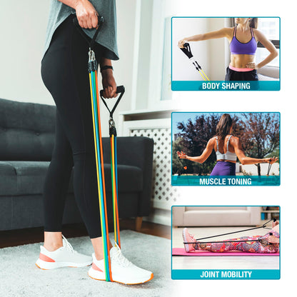 Beenax Resistance Bands Set with Handles - Heavy Duty 12pcs Exercise Bands, Up to 100/150/200/250 LBS - Fitness Training Tubes for Home, Gym, Physio - Handles, Ankle Straps, Door Anchor, Carry Bag