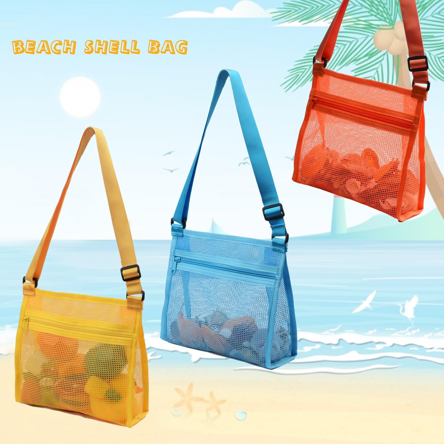 MUYIZI Mesh Beach Bag for Shells Collecting 3 Pack,Shell Bags for Beach, Beach Shell Bag for Kids, Sea Shell Bags for Picking Up Shells, Sand Toys Swimming Accessories for Boys and Girls