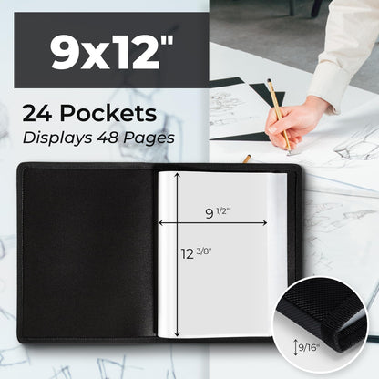 Dunwell 9x12 Art Portfolio Binder, Black Mounting Paper, Portfolio Binder for Artwork, 9 x 12 Art Folder, 24 Pockets Display 48 Pages, Acid-Free Poly Presentation Book