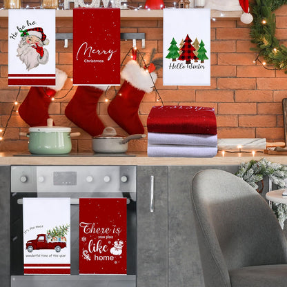 Oudain 6 Pcs Christmas Kitchen Towels Red and White Christmas Hand Towels Xmas Tree Snowman Dish Cloths 24 x 16 Inch Santa Truck Decorative Tea Dishcloths for Home Kitchen Bathroom Winter Xmas Gifts