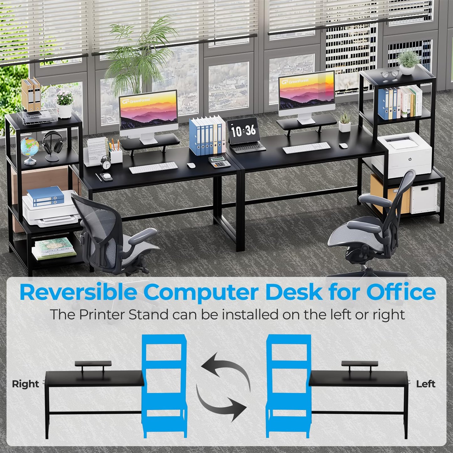 GreenForest Computer Desk 58 inch with Printer Shelf, Reversible Office Desk with Monitor Stand and 2 Hooks, Home Workstation for Study Writing Working Gaming, Black