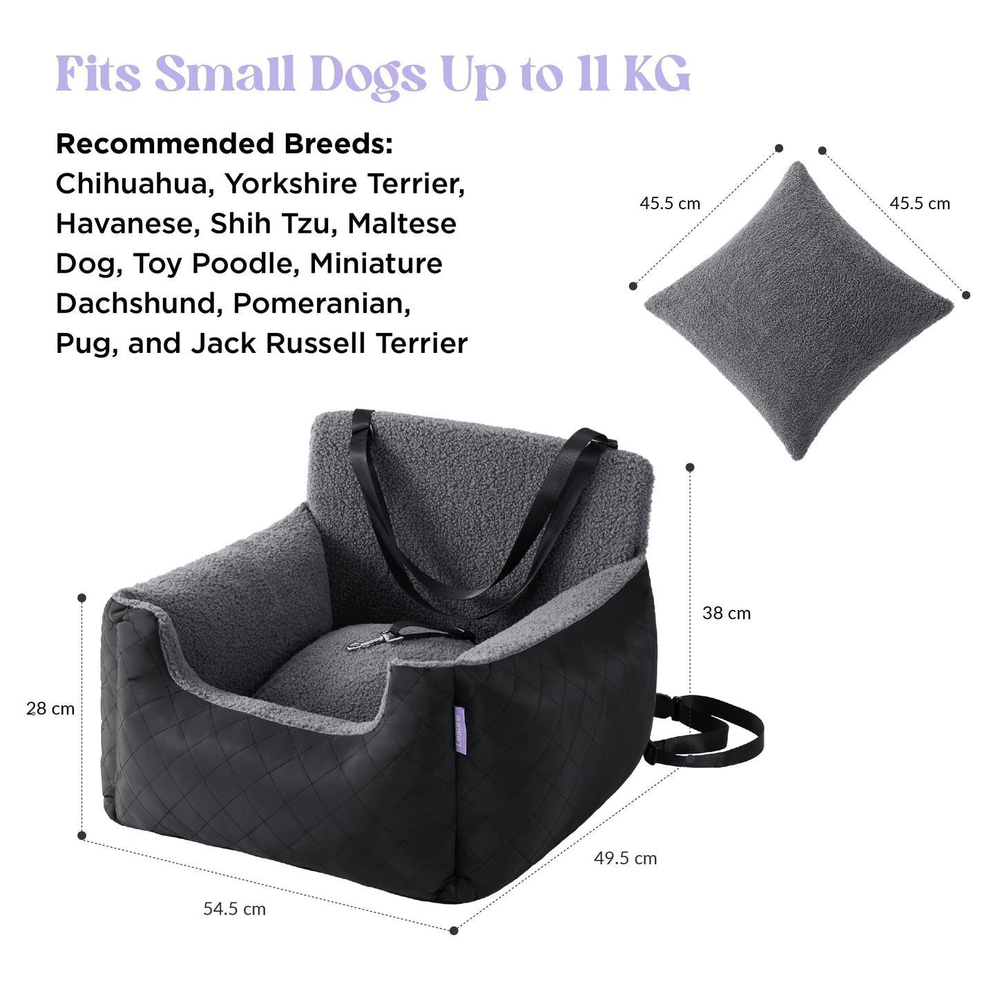 Lesure Small Dog Car Seat - Waterproof Dog Booster Seat, Puppy Car Bed With Clip-On Leash for Pet Travel Carrier Bed, 54.5x49.5x38cm, Black